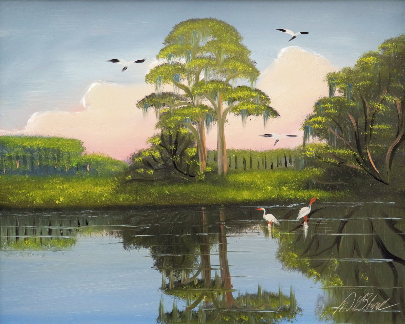AL BLACK BACKWOODS FLORIDA HIGHWAYMEN PAINTING: Al Black (b. 1945) Highwaymen painting of a backwoods Florida landscape with cloudy blue sky, tall pine trees, birds, water, and vegetation. Signed lower right. Measures 27" x 22" on masonite board & 