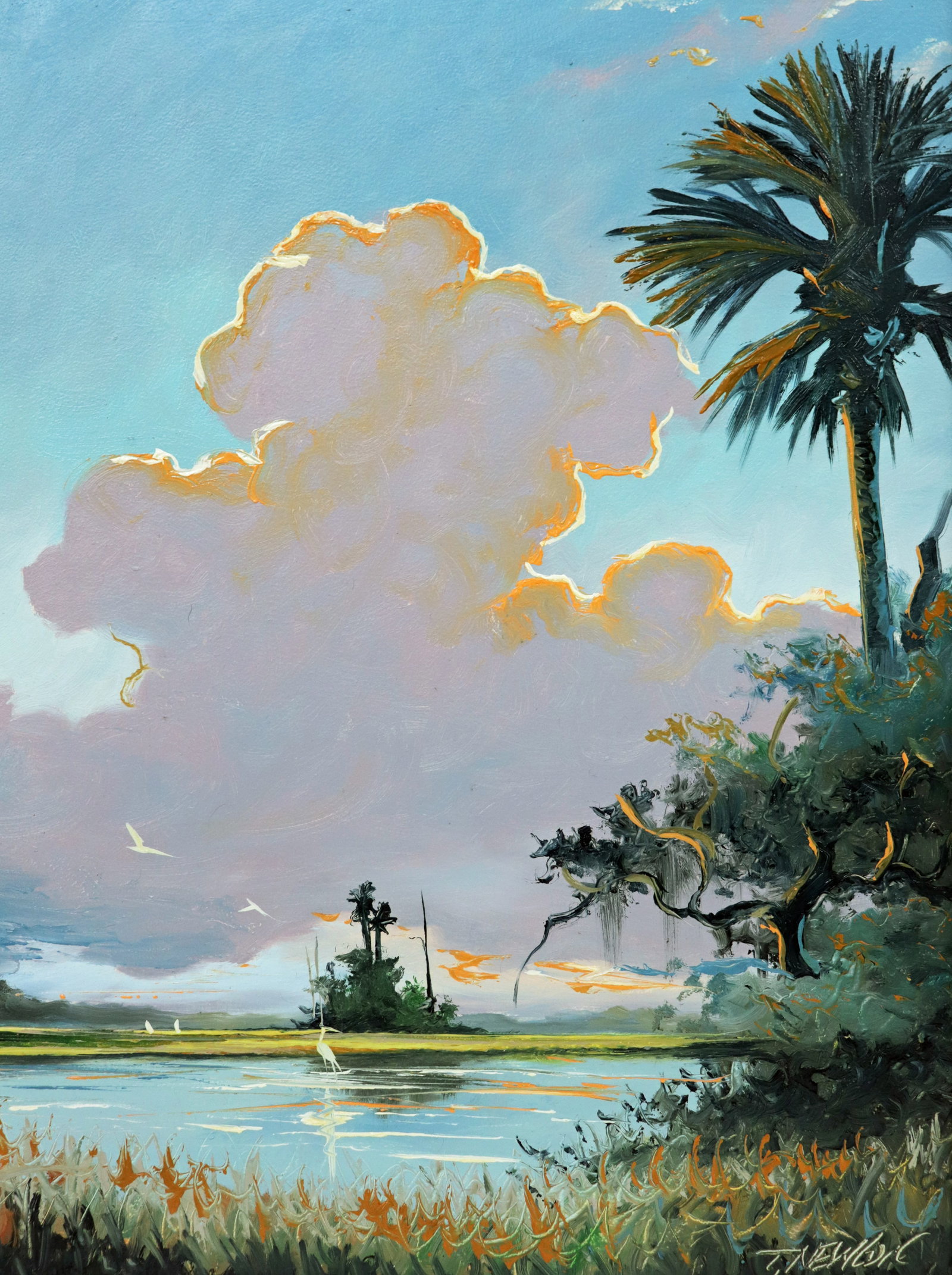 TRACY NEWTON CLOUDY BACKWOODS FLORIDA PAINTING: Tracy Newton painting of a backwoods Florida landscape with cloudy blue sky, tall palm trees, birds, and water. Signed lower right. Measures 24" x 18" on masonite board & 25.5" x 19.5" w/ frame. Tracy