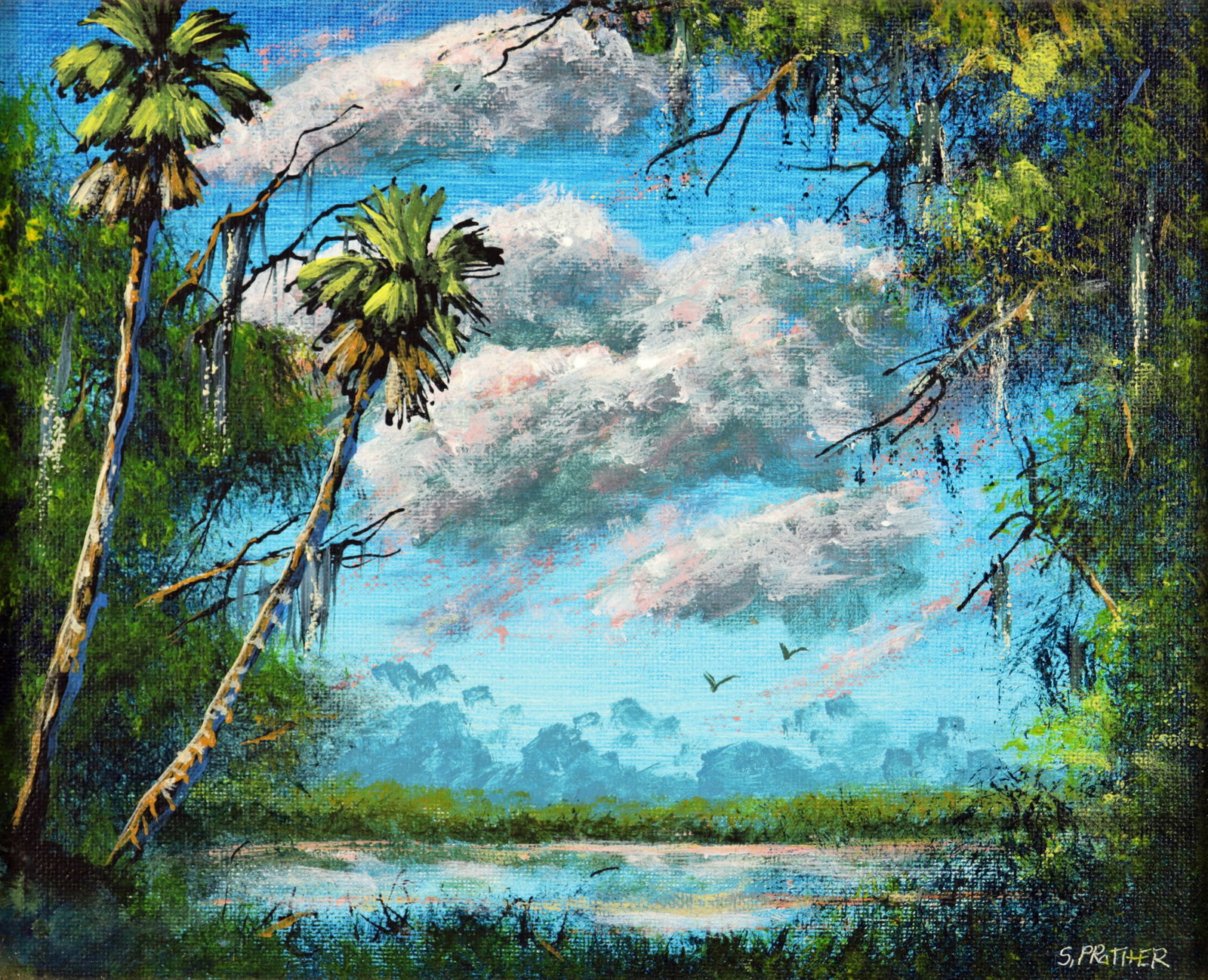 STAN PRATHER FLORIDA LANDSCAPE PAINTING: Stan Prather oil on board painting of a backwoods Florida landscape with cloudy blue sky, water, birds, and palm trees. Signed lower right. Measures 10" x 8" and 12.5" x 10.5" w/ frame.