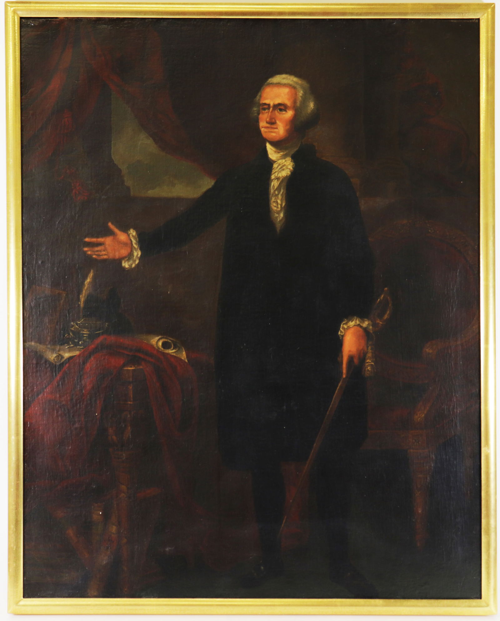 GEORGE WASHINGTON LANDSDOWNE TYPE PORTRAIT O/C: An American School painting of President George Washington in black court dress holding a sword. It is attributed to / after Gilbert Stuart (1755-1828) who painted several copies of this painting as w