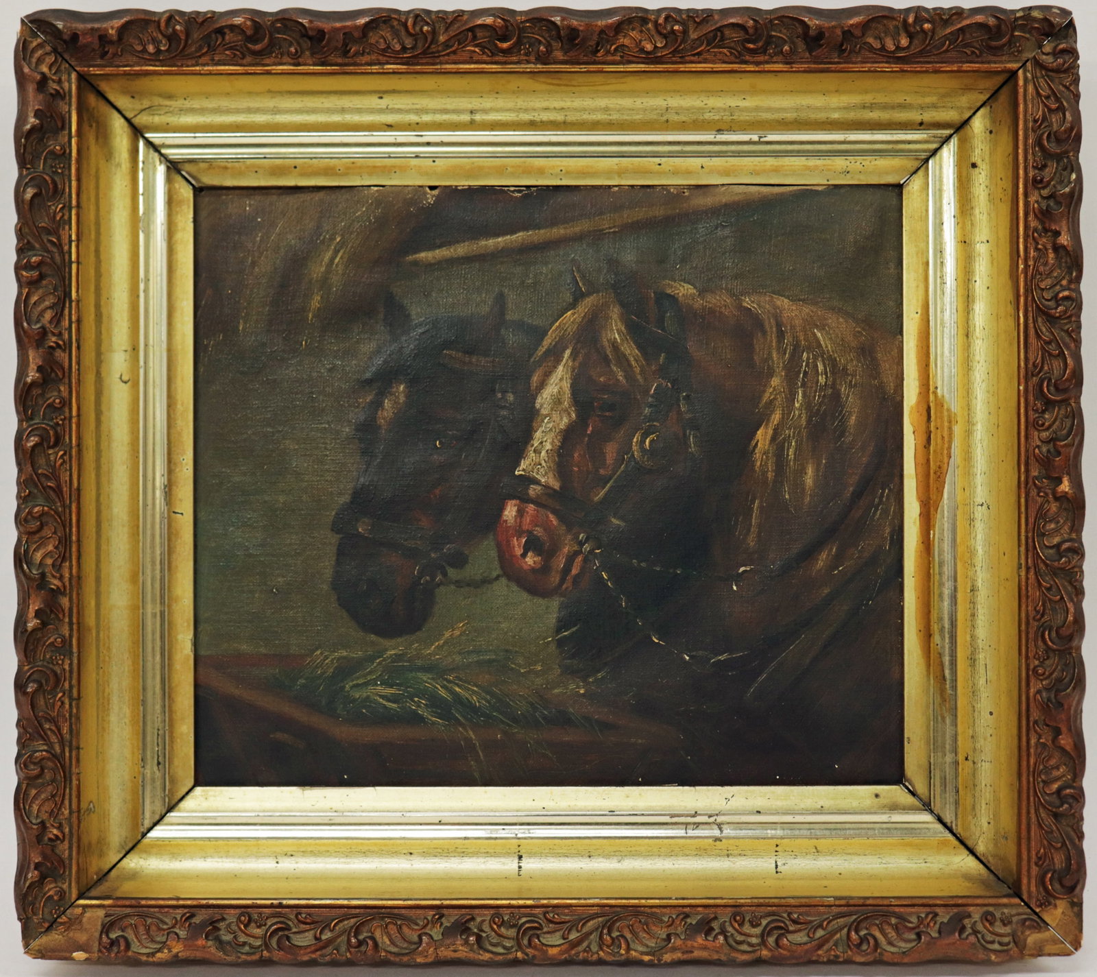 ANTIQUE PAINTING - TWO HORSES IN BARN: Antique oil on canvas painting of two horses in a barn eating. No apparent signature. Measures approximately 10.5" x 9" and 14.25" x 12.5" w/ frame.