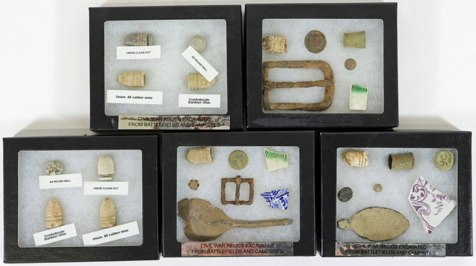 CIVIL WAR RELICS - OHIO TO VA BATTLEGROUNDS: A collection of Civil War relics to include belt buckles, Minnie ball bullets, pottery fragments, utensils, buttons and more. These were collected in battlefields and campsites from Ohio to Virginia.