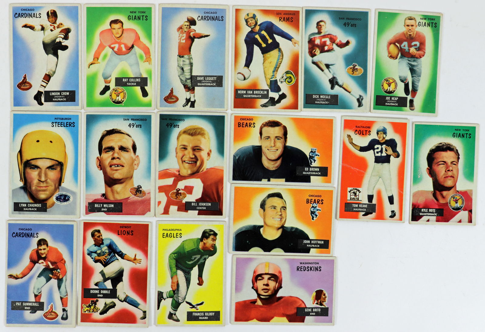VINTAGE BOWMAN FOOTBALL CARDS 1950's: A collection of Bowman football cards to include Pat Summerall Chicago Cardinals, Dorne Dibble, Gene Brito Washington Redskins, Francis Kilroy Philadelphia Eagles, Lynn Chadnois, Kyle Rote New York Gi
