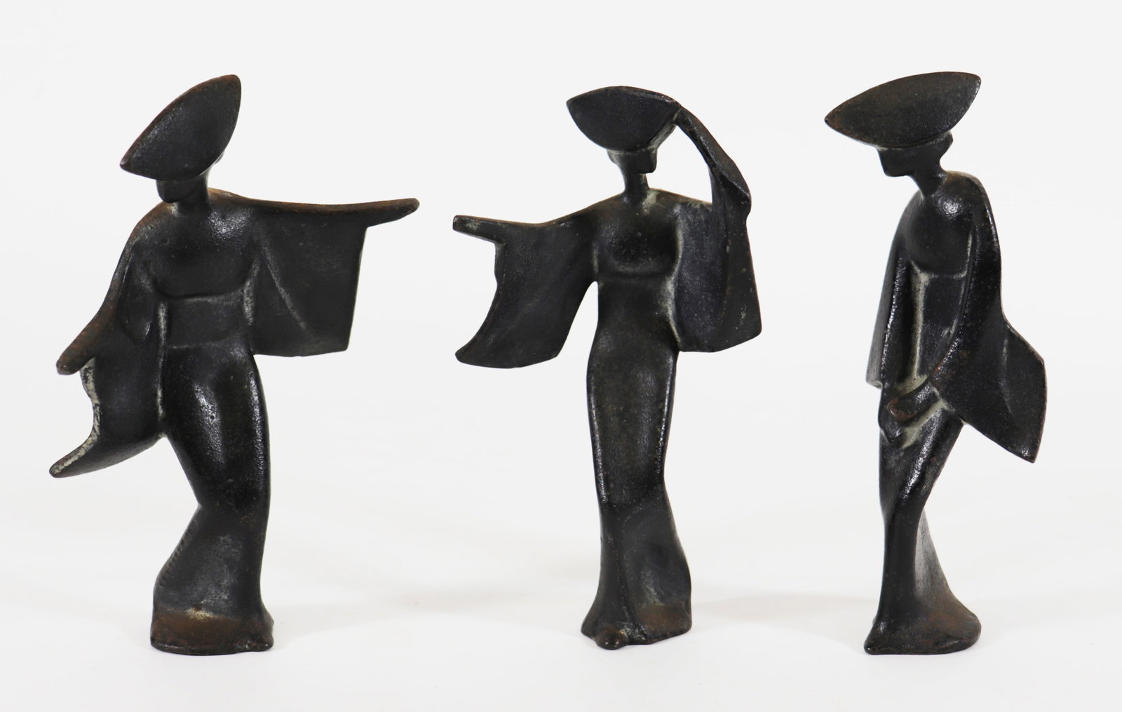 (3) MCM JAPANESE BRONZE GEISHA SCULPTURES 1964: A set of 3 dancing Geisha's purchased in Kyoto Japan in 1964. 7" tall.