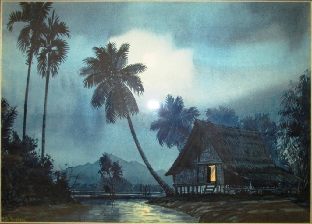 A B IBRAHIM WATERCOLOR PAINTING: Abu Baker Ibrahim (Malaysia 1925-1977) Nighttime scene hut by river. Signed AB Ibrahim bottom left. 14" x 10"