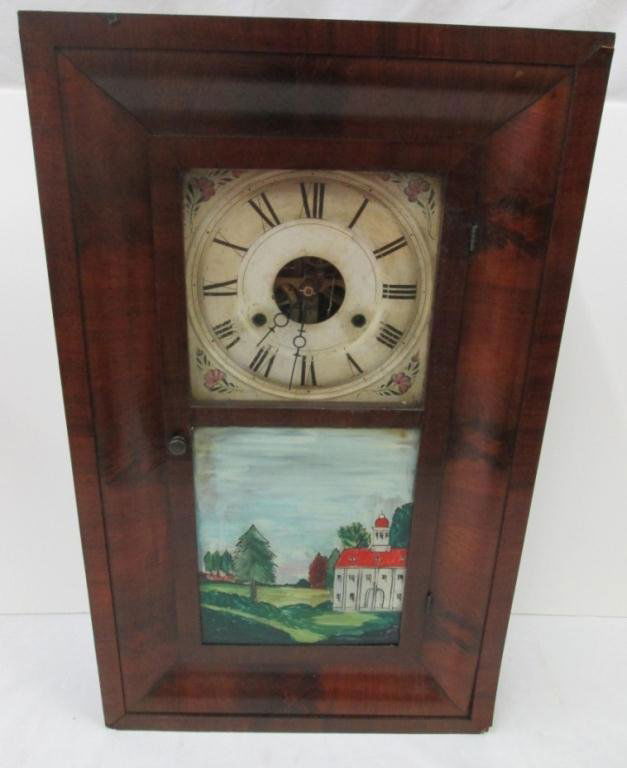 ANTIQUE SETH THOMAS PAINTED GLASS CLOCK: Pendulum included. 26" tall. 15 1/2" X 4 1/4" wide. Clock has (2) hanging weights inside.