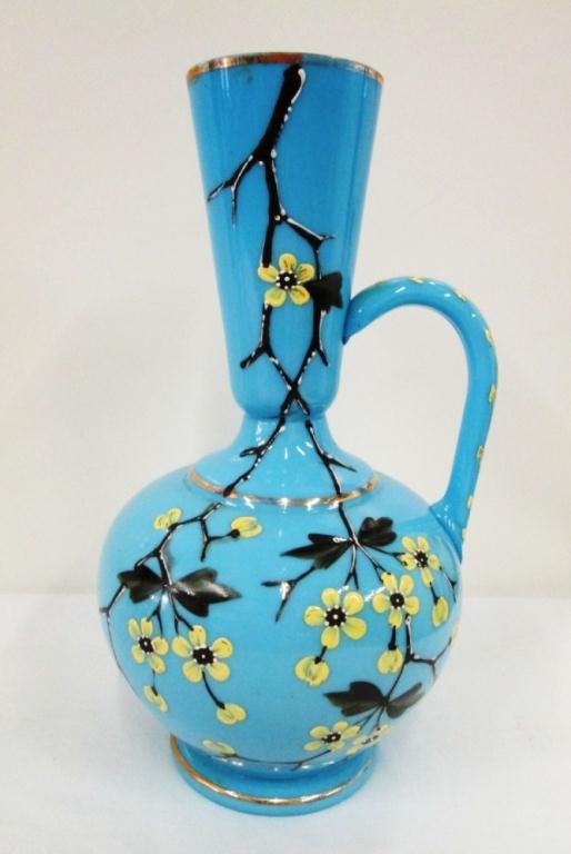 HAND PAINTED BLUE OPALINE VASE: Hand painted yellow flowers. 9" Tall.