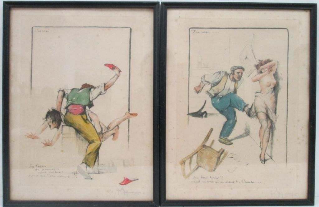 (2) GASTON HOFFMAN HAND COLORED ETCHINGS: Gaston Hoffman (French b. 1883) both signed in pencil. Some foxing. 14" x 10"
