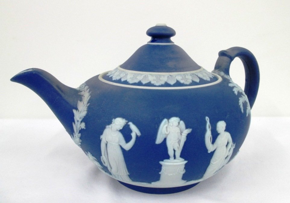 WEDGWOOD BLUE JASPERWARE TEAPOT: 5" Tall 8 1/2" Wide.