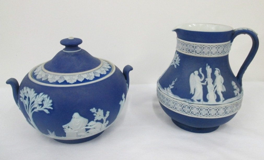 WEDGWOOD BLUE JASPERWARE CREAMER & SUGAR: Creamer 4 1/2" Tall with 42 and other hallmarks on bottom. Sugar 4" tall and 5" wide marked 30 on bottom.