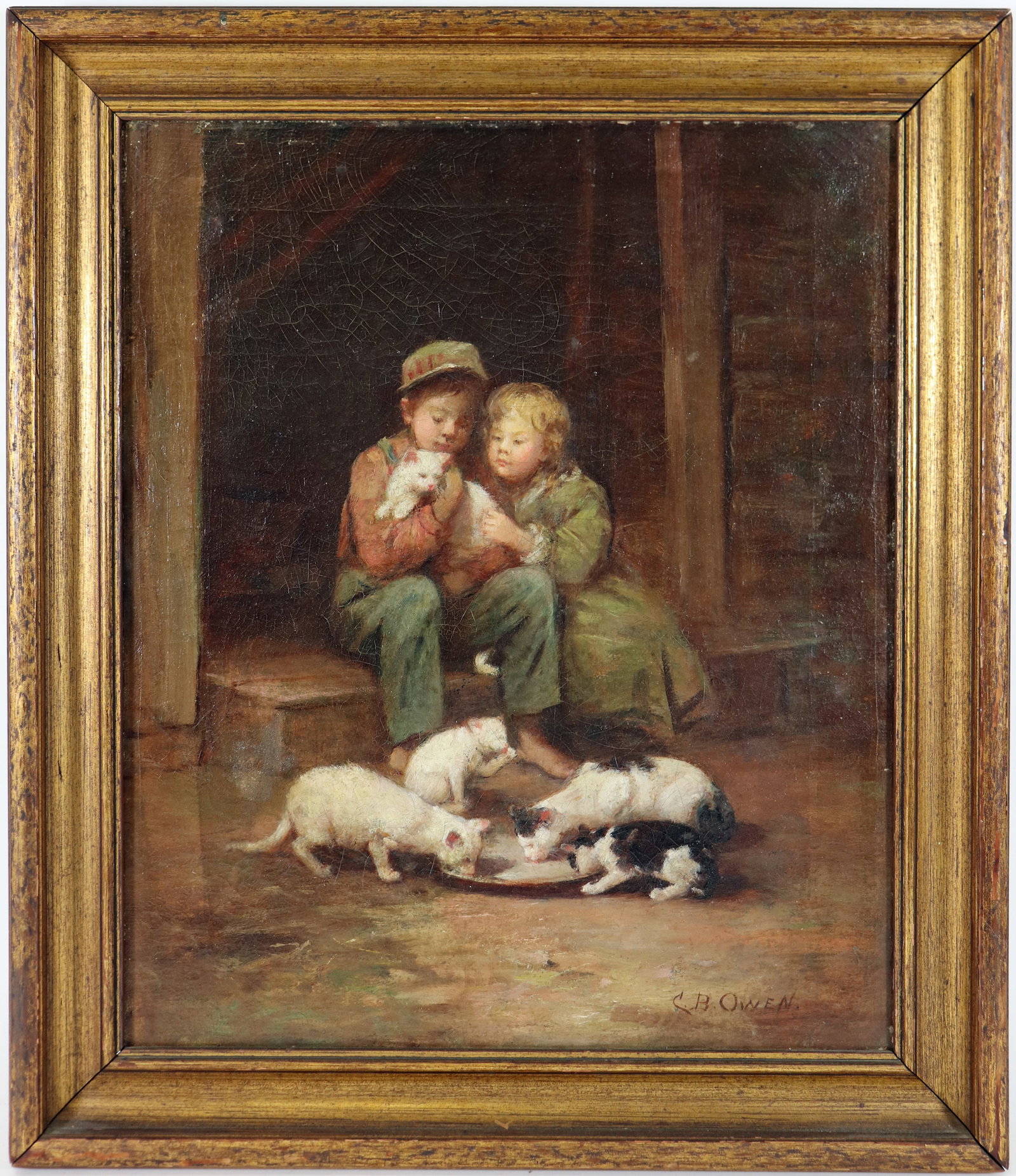 C.B. OWEN TWO CHILDREN WITH CATS OIL ON CANVAS (1 of 4)