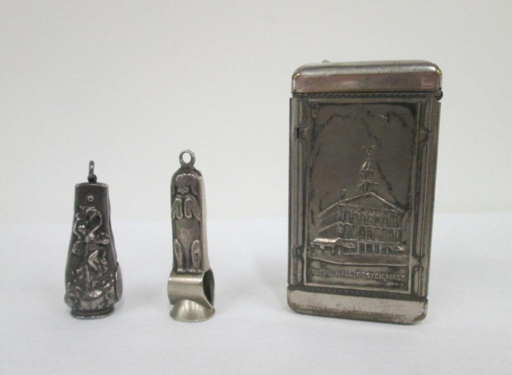 (2) STERLING CIGAR CUTTERS & MATCH CASE: Figural dog cutter, art nouveau cutter, Boston landmarks match case.