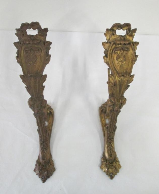 VICTORIAN BRASS GILT METAL CURTAIN TIEBACKS: With acanthus & oak leaf designs. marked RTZ 831. 14" long 10" deep 3" wide.