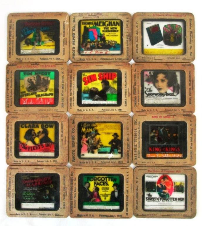 (12) ANTIQUE MAGIC LANTERN MOVIE SLIDES: Companionate Marriage, Forgotten Faces, The Fleet's In, Man of the Forest, It's a Great Life, Tim McCoy The Overland Telegraph, The Street of Forgotten Men, King of Kings, The Shopworn Angel, Rose of