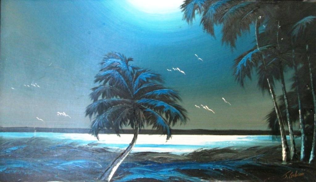 JAMES GIBSON HIGHWAYMEN PAINTING: James Gibson (American 20th century) Beautiful blue Florida night time scene. On upson board measuring 36" x 22"