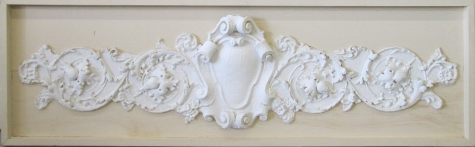 STANFORD WHITE BALLROOM WALL DECOR: 20th century, mounted on wood from a Stanford White designed New York City ballroom. It measures 53-1/2" x 16-1/2" framed.