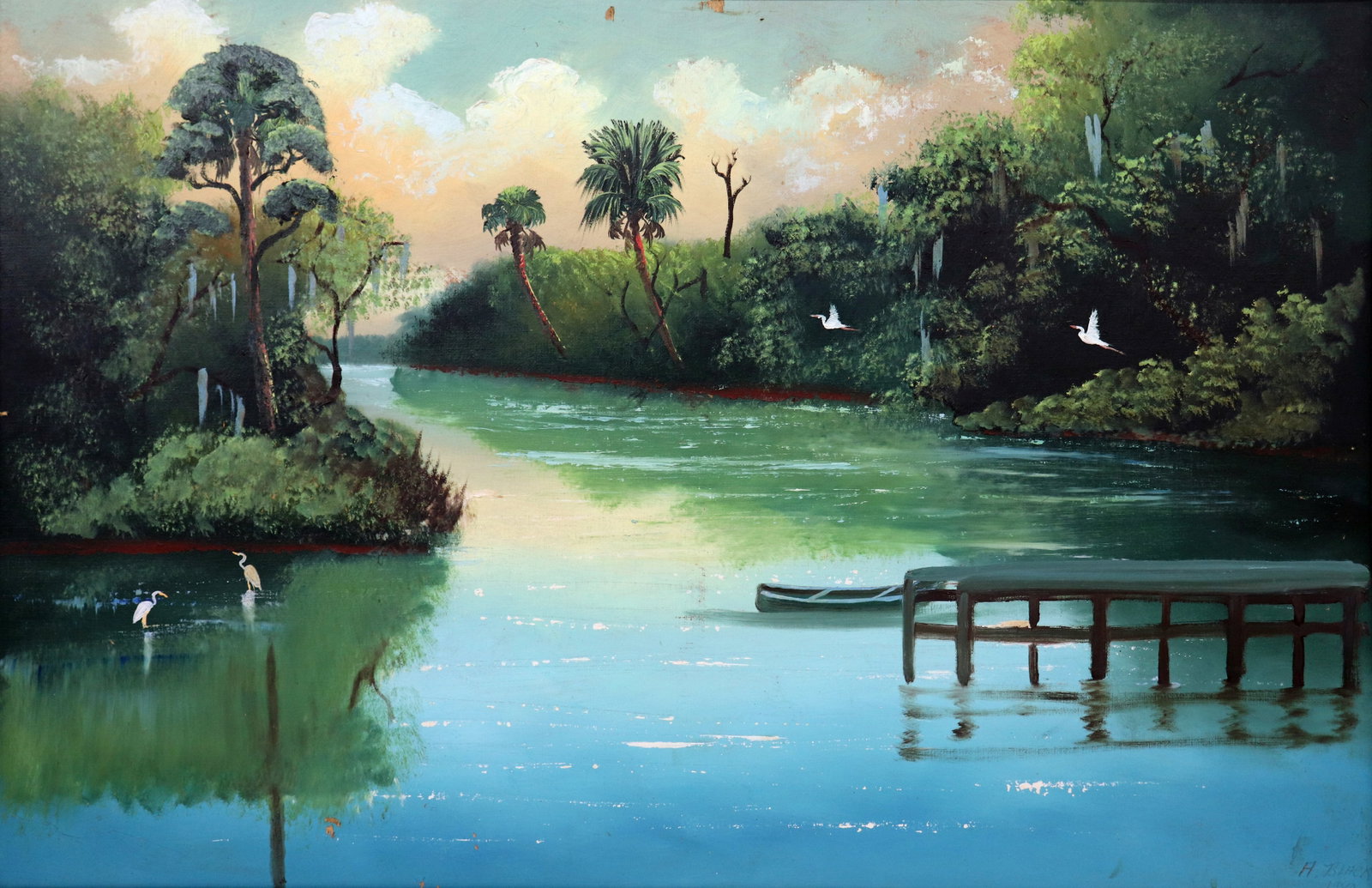 AL BLACK 1980 PEACEFUL BACKRIVER HIGHWAYMEN: Al Black (b. 1945) Vintage Highwaymen painting of a peaceful Florida river scene with tall palm trees, green vegetation, birds, water, cloudy sky, and boat tied to dock. Signed lower right and dated 1