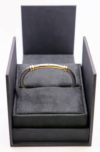 DAVID YURMAN 14K GOLD, STERLING & DIAMOND BRACELET: David Yurman upscale cable bracelet, 14K yellow gold, sterling silver with five diamonds. Original box. Purchased at Bloomingdale's in 2017. Measures 2.75" wide, inside approximately 2.25"