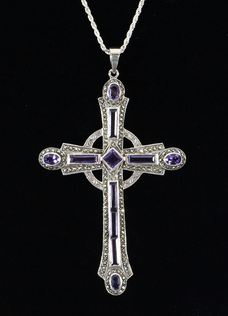STERLING SILVER MARCASITE AMETHYST CROSS (1 of 4)