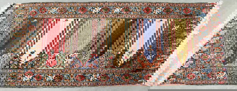 ANATOLIAN SAF "FAMILY" TURKISH RUG: A wool Keyseri Saf prayer rug with vibrant colors. Purchased in 1994 at the Oriental Carpets Bazar in Riyadh, Saudi Arabia. 2'10" x 7'. Professionally cleaned by Falasari Rugs in November 2023.