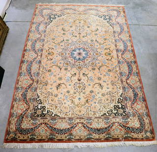FINE HAND MADE QUM IRANIAN RUG - MAUVE, BLUES: A fine Iranian Qum (Qom) silk rug measures 9'7" by 6' 4 3/4", was displayed on a wall, little to no foot traffic. Extra photos & video of rug available per request.