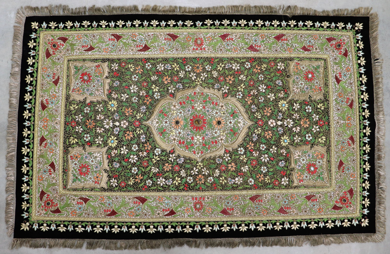 HAND MADE KASHMIR ZARDOZI JEWELED TAPESTRY: A very fine Mughal Zardosi jeweled tapestry embroidered with silk gold threads and semi precious stones sewn into the tapestry. 60" x 38".