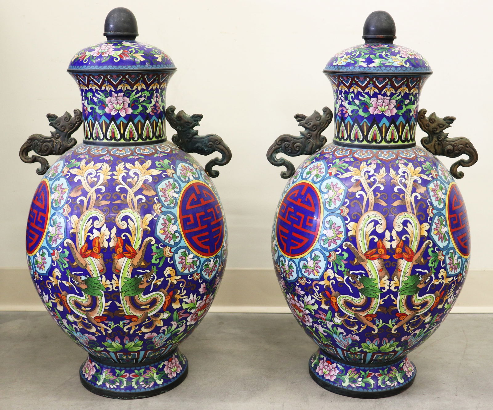 (2) CLOISONNE DRAGON HANDLE LIDDED URNS (1 of 3)