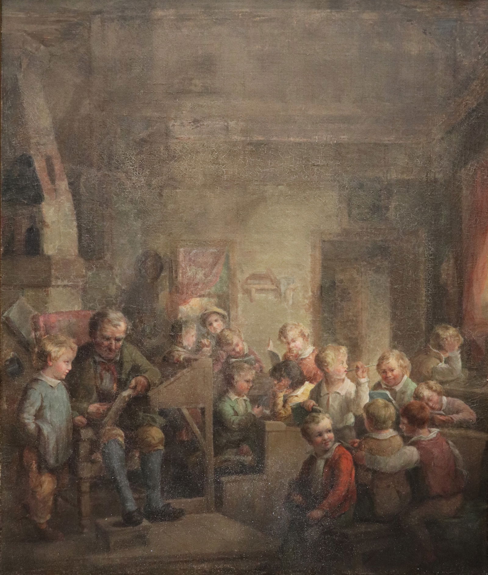 19th C EUROPEAN VILLAGE SCHOOL O/C PAINTING (1 of 8)