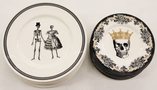 (24) ROYAL STAFFORD SKELETON & SKULL PLATES: 24 piece set of Royal Stafford Victorian English Pottery Skull collection including (12) 11" Skeleton Couple dinner plates, and (12) 8 1/2" Queen Skull salad plates. Made in England. Great for Hallowe