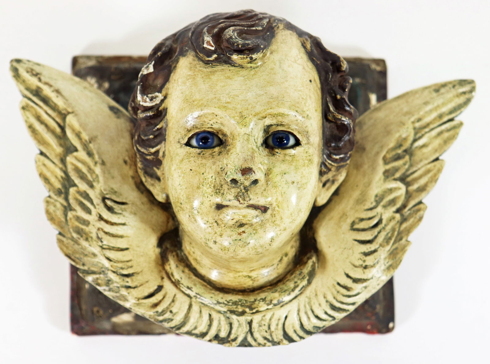 19th C. CONTINENTAL CARVED WOOD POLYCHROME CHERUB (1 of 4)