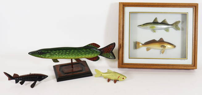 WOOD FISH DECOY COLLECTION: A collection of wood fish decoys, a carved Northern Pike carved and painted by Marilyn Speer Templeton and a shadowbox hand carved and painted by John Gresser (14" x 11 1/2"). They range in size from