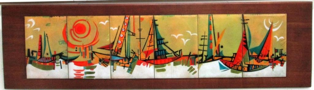 MID CENTURY ENAMEL ON COPPER ART: Sailing ships design framed on Teak Wood. Measures 54" x 15" with frame. Some losses to enamel.