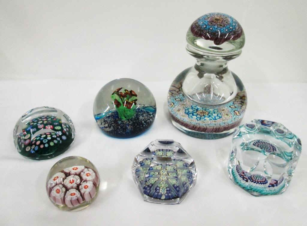 ART GLASS PAPERWEIGHTS: Largest (6 1/2" tall) is a perfume bottle, one signed Murano 1984. Some with scratches/wear.