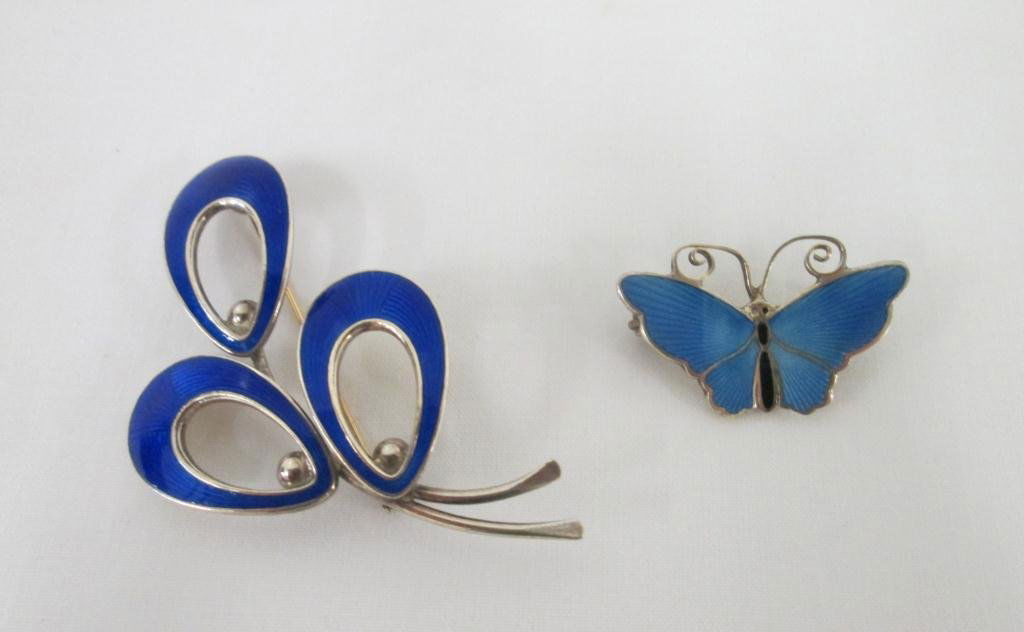 TWO STERLING & ENAMEL DANISH PINS: David Andersen butterfly & Demax ? Sterling.