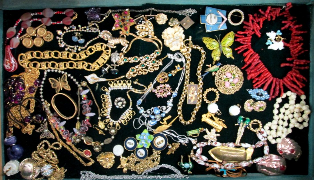 COSTUME JEWELRY: Vintage and new costume including a red branch coral necklace, sarah coventry, art, trifari, wweiss, anson, and more.