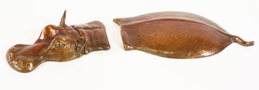 JIM CALCAGNO TWO PIECE BRONZE HIPPO SCULPTURE: Jim Calcagno contemporary bronze Hippo swimming in the water sculpture. Signed by artist and dated '96. Measurements overall 14 1/2" x 5 1/2" . From the estate of Andrew Cunningham Ware.