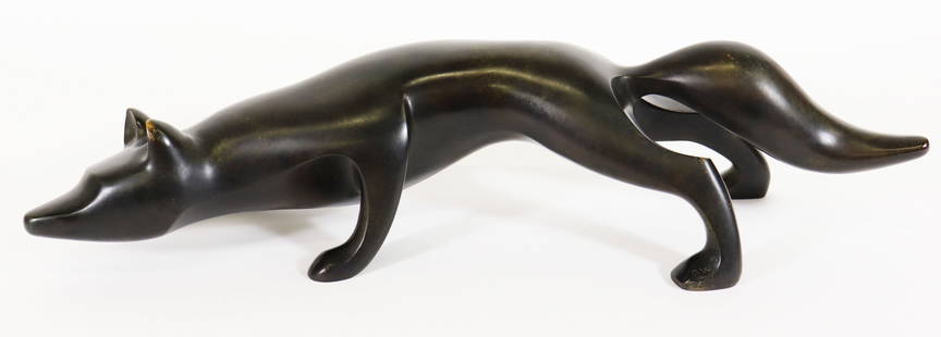 DOMINIQUE WILLIAM SIMEON BRONZE FOX SCULPTURE: D. W. Simeon (French b. 1951) A Modern long lean bronze fox in a low crouched position. Signed and numbered 5/8 dated 2000. Measures 4 1/2" x 21". From the estate of Andrew Cunningham Ware.