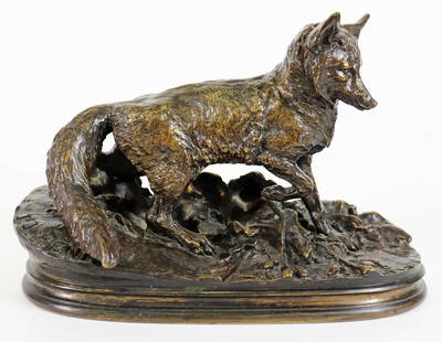 PIERRE-JULES MENE BRONZE TRAVELING FOX: Pierre Jules "P.J." Mene (French 1810-1879) Bronze sculpture of a handsome fox in an upright traveling position with right leg lifted off the ground. Signed on side. Measures 6" tall 9" x 3.5" wide