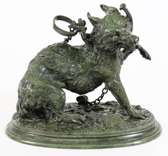CHRISTOPHE FRATIN BRONZE TRAPPED WOLF: Christophe Fratin (French, 1801-1864) Dramatic bronze sculpture of a wolf caught in a hunter's trap. Bronze with verde green patina, inscribed signature on side. Measures 7 1/2" tall 9 1/2" x 5 1/4"