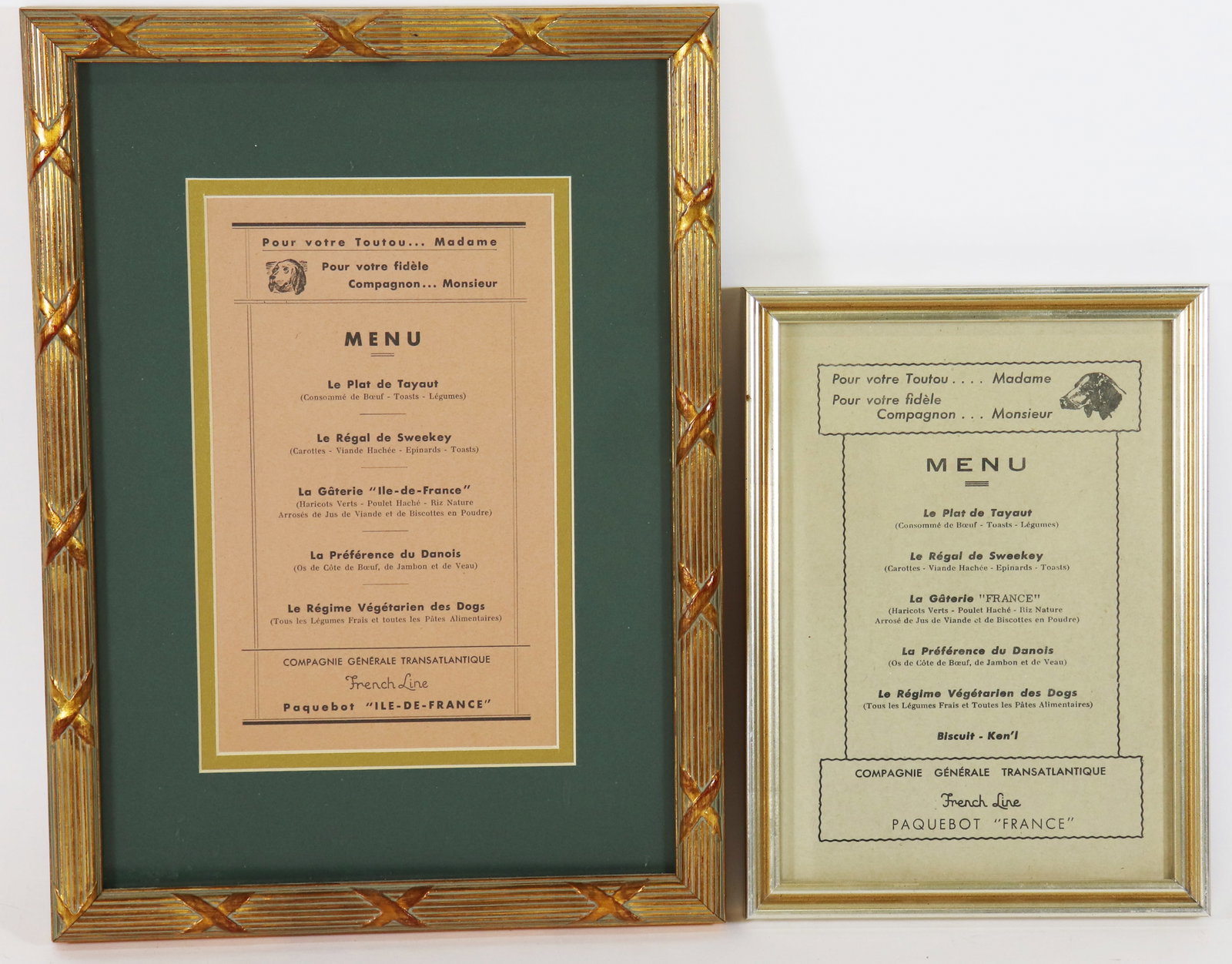 (2) CANINE COMPANION CRUISE GOURMET DOG FOOD MENUS: From the French Line Paquebot "France" and the "Ile-de-France" transatlantic steamships that ran between Europe and New York from 1927-1958, this pair of antique dog food menu's were designed specific