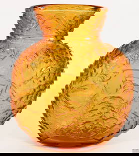 DAUM NANCY FRENCH ART DECO AMBER GLASS VASE: A Daum Nancy French art deco deep etched amber colored glass vase with antelope design. Etched signature on base Daum Nancy with the Cross of Lorraine. Measures 12" tall 9 1/2" x 4 1/2" wide.