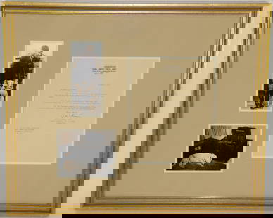 1945 GENERAL PATTON SIGNED LETTER - BULLTERRIER: Framed General George S. Patton signed letter dated 6, April 1945 with Headquarters Third United States Army letterhead talking about his bullterrier. Letter is framed with two photos of the bullterri