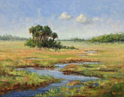 LINDA APRILETTI PALM ISLAND MORNING PAINTING: Linda Apriletti plein air painting of a Florida landscape titled "Palm Island, Morning." Signed lower right and also on verso. Measures 14" x 11" on artist board and 21" x 18" w/ frame.