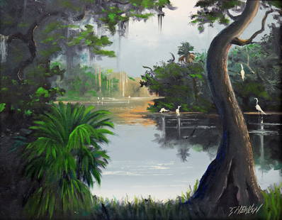 TRACY NEWTON FLORIDA RIVER BEND PAINTING: Tracy Newton oil painting of a Florida backwoods river bend landscape with cypress tress and egrets. Signed lower right. Measures 16" x 20" on board and 19" x 23" w/ frame. Tracy is the son of Highway