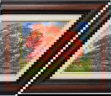 JACKIE SCHINDEHETTE FLORIDA POINCIANA PAINTING: Jacquelyn "Jackie" Schindehette oil on canvas painting of a Florida landscape with vibrant red poinciana tree under a cloudy blue sky. Signed lower left. Measures 10" x 8" and 15.5" x 13.5" w/ frame.