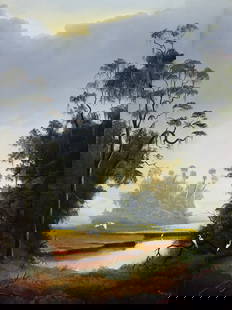 JOAN ARNOLD FLORIDA SUNRISE HAMMOCK PAINTING: Joan Arnold (American, 20th Century) Florida painting of a peaceful early morning landscape with cabbage palm tree hammock, birds, vegetation, and blue gray skies with sunlight coming through the clou