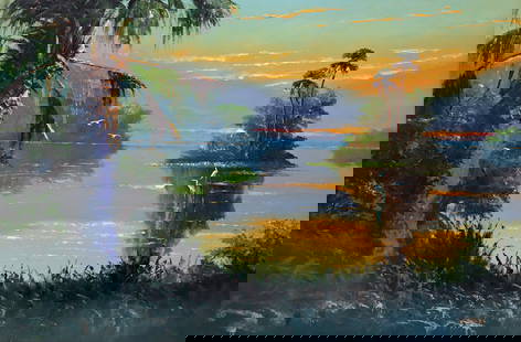 SAM NEWTON PALMS AT SUNSET HIGHWAYMEN PAINTING: Sam Newton (b. 1948) Vintage Highwaymen painting of a Florida backwoods landscape with orange fire sky sunset, tall palm trees, vegetation, birds, river, and a last glimpse of the sun before setting.