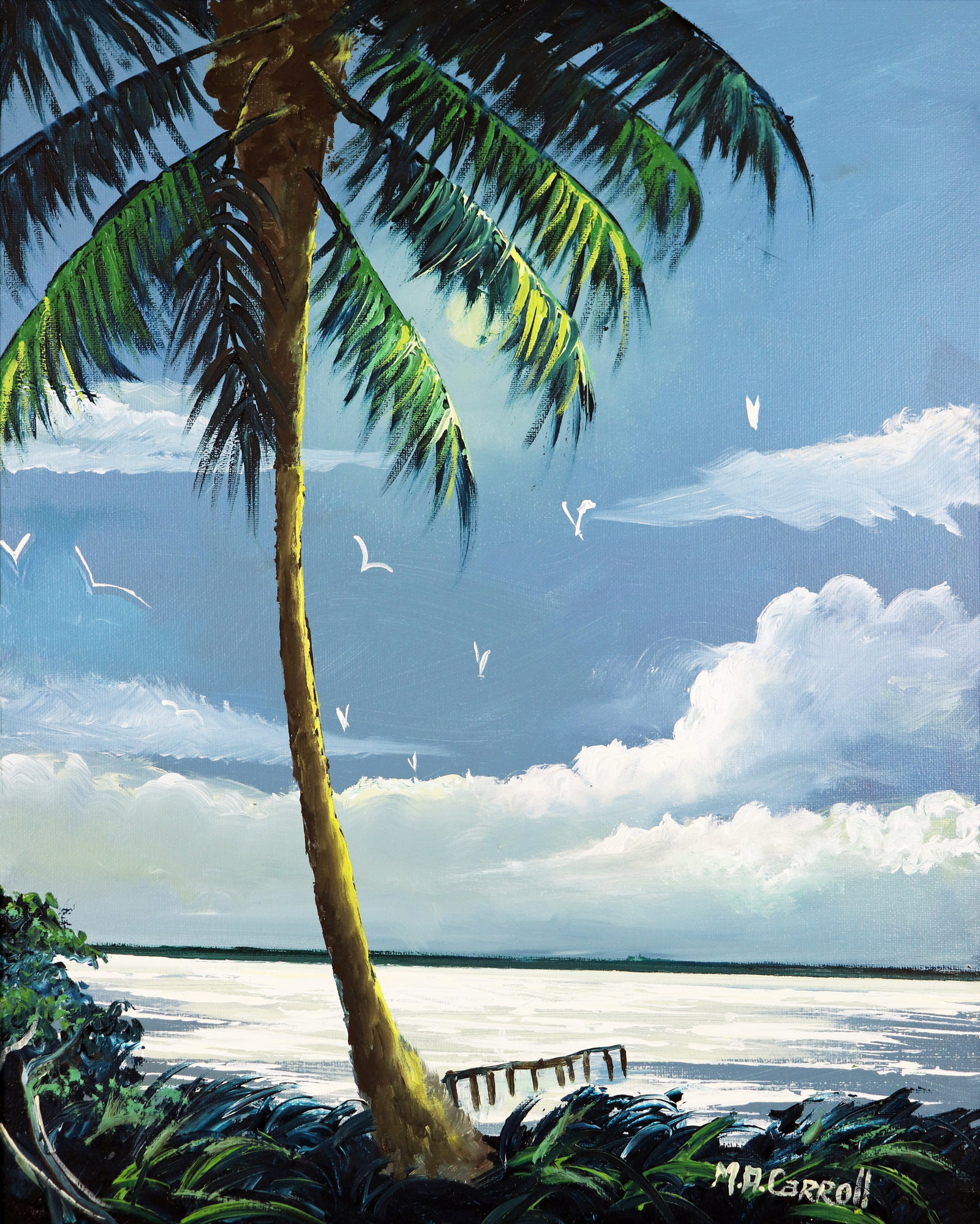 MARY ANN CAROLL NIGHT RIVER PALM HIGHWAYMEN: Mary Ann Carroll (1940-2019) Highwaymen painting of a Florida night river landscape with cloudy moonlit sky, birds, tall palm tree, vegetation, and dock extending into the water. Signed lower right M.