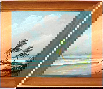 HAROLD NEWTON CANVAS BOARD RIO MAR HIGHWAYMEN: Harold Newton (1934-1994) Early palette knife Highwaymen painting of the iconic Florida Rio Mar beach landscape. Painting depicts a beautiful classic Florida beach scene with bright blue sky accented