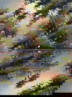 WILLIE DANIELS YELLOW RIVER SUNSET HIGHWAYMEN: Willie Daniels (1950-2021) Highwaymen painting of a Florida backwoods river inlet scene with colorful green vegetation, tall palette knife palm trees, birds, and soft orange & yellow sunset sky. Signe